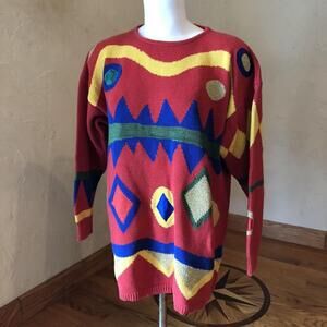 VTG 80s Qui Designer Red Knit Geometric Sweater Women’s M Abstract All Over